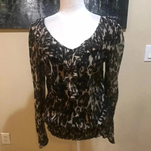 Charter Club Animal Print Ruffle Front Elastic Waist Sheer Fabric Blouse-L - Picture 1 of 9